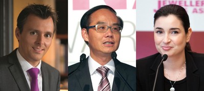 (左起)Gubelin集團總裁Raphael Gubelin、周大福珠寶集團有限公司董事總經理黃紹基、力拓鉆石部市場及銷售大中華代表處經理馬麗詩